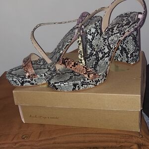 Mix No. 6 Snake-Print Block Heel Sandals in Black with Accent Pink and Orange